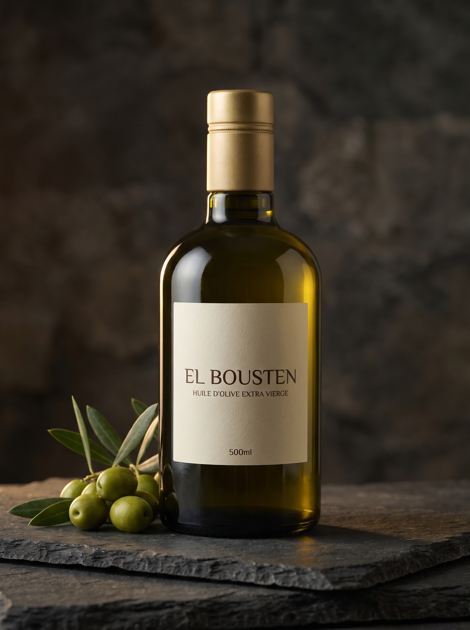 El Bousten 500 ml dark glass extra virgin olive oil bottle with gold anti-refill cap
