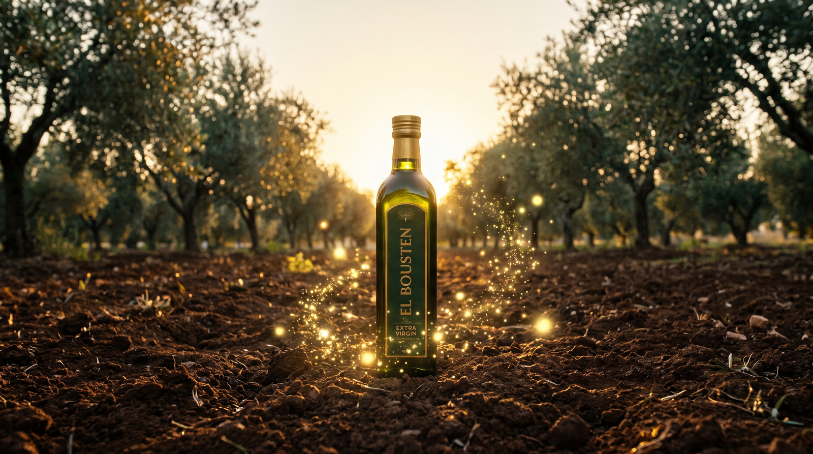 El Bousten olive oil bottle standing in the Mornag olive grove at golden hour